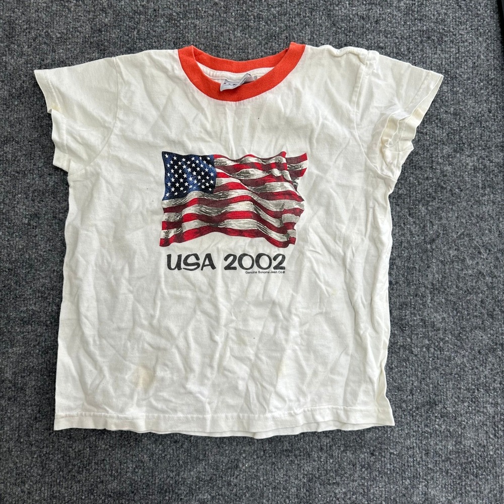 Sonoma T-Shirt Womens Size S White Cotton USA 2002 Flag Graphic Ringer Tee Fair